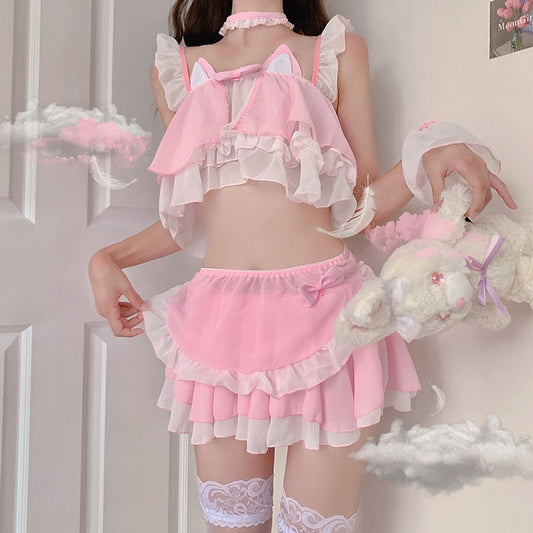 Kawaii Sexy Cat Chiffon Lingerie Uniform Set