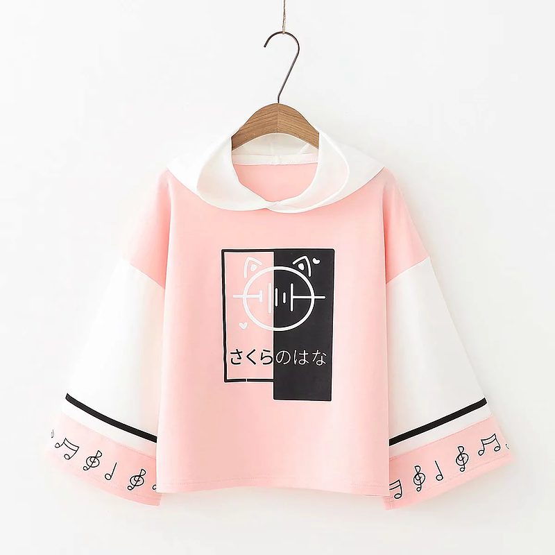 Japanese Musical Note Printed Color Block Hoodie