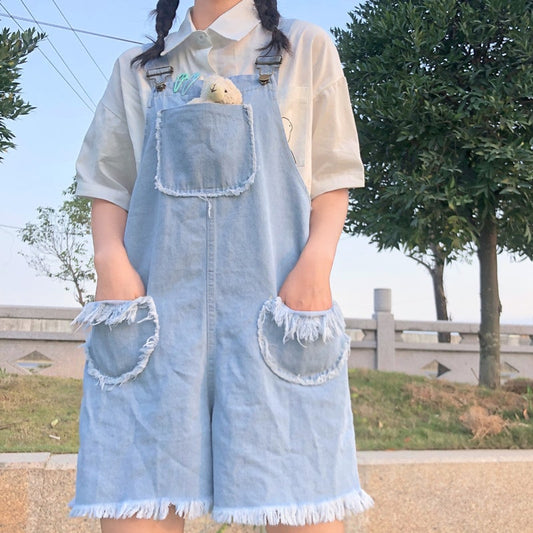 Basic Tattered Denim Pocket Overall Shorts