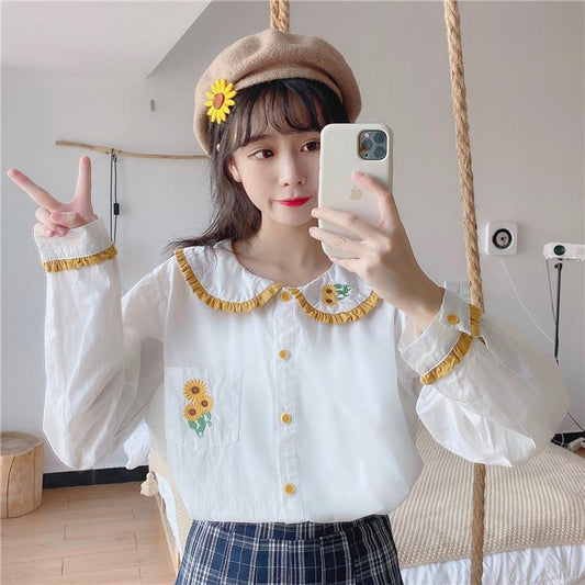 Sunflower Embroidered Peter Pan Collar Shirt