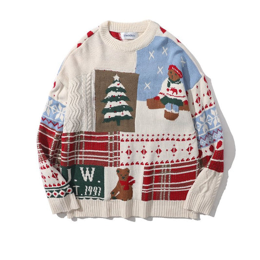 Japanese Retro Christmas Bear Crew Neck Sweater