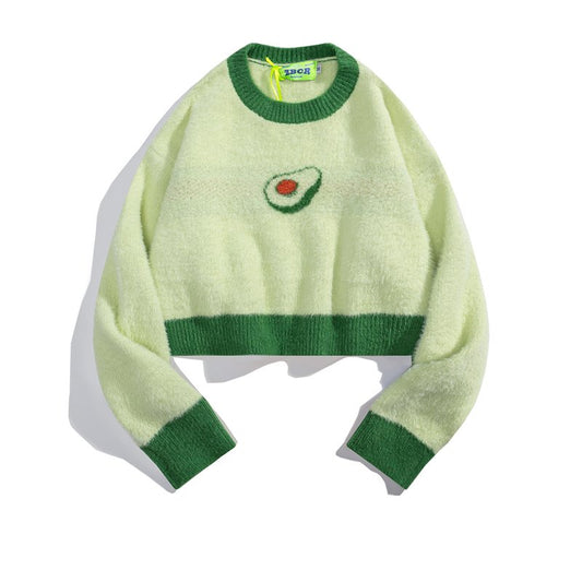 Japanese Retro Contrast Color Fruit Embroidery Short Sweater