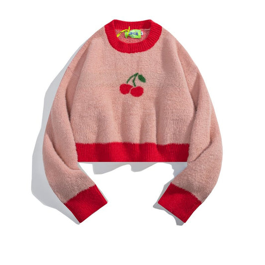 Japanese Retro Contrast Color Fruit Embroidery Short Sweater