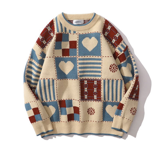 Japanese Retro Plaid Round Neck Sweater