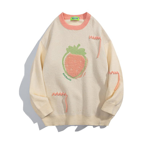 Japanese Retro Strawberry Embroidery Pullover Sweater