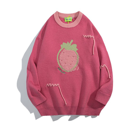 Japanese Retro Strawberry Embroidery Pullover Sweater