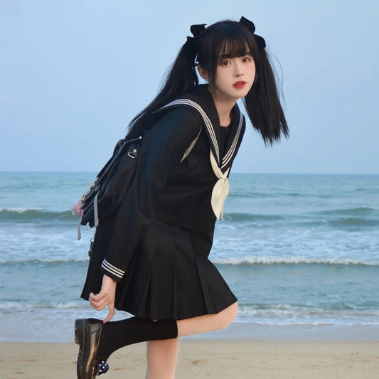 Japanese Black Suit Sailor Blouse Pleated Skirt Set