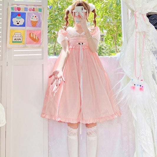 Japanese Soft Girl Pink Lace Midi Dress