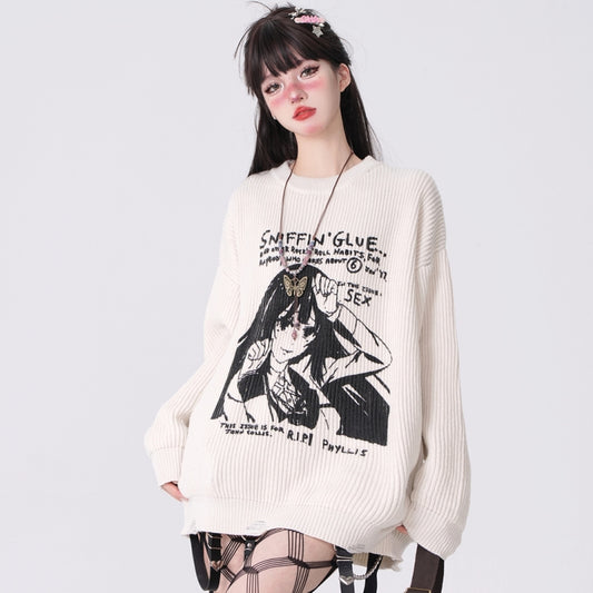 Japanese Style Comic Embroidery Loose Sweater