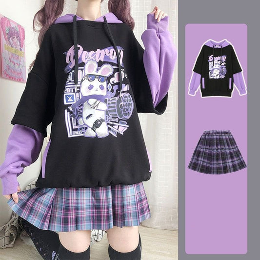 Japanese Sweet Fake Two-Piece Hoodie Pleated Skirt Suit