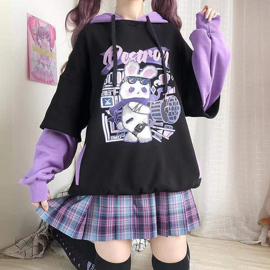 Japanese Sweet Fake Two-Piece Hoodie Pleated Skirt Suit