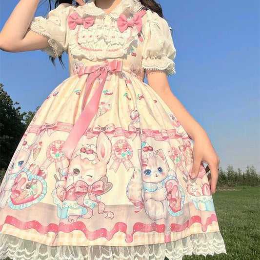 Kawaii Kitty Print knot Lolita Jsk Dress