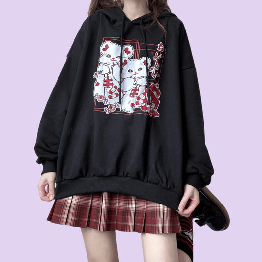 Japanese Sweet Style Loose Cartoon Cat Print Sweatshirt