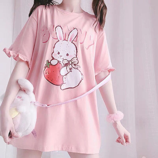 Pink Strawberry Rabbit Wave Sleeve T-shirt