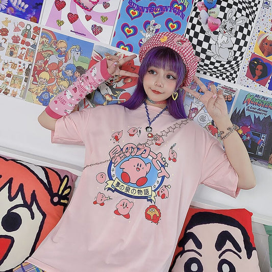 Japanese Sweet Cartoon Print Pink Loose T-shirts