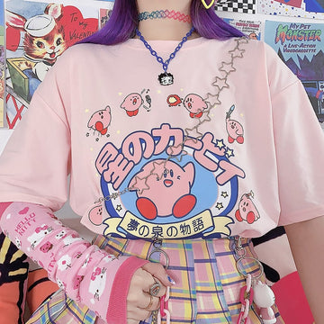 Japanese Sweet Cartoon Print Pink Loose T-shirts