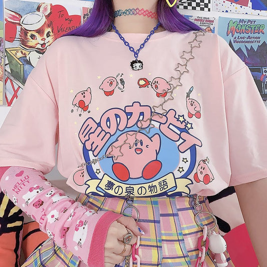 Japanese Sweet Cartoon Print Pink Loose T-shirts