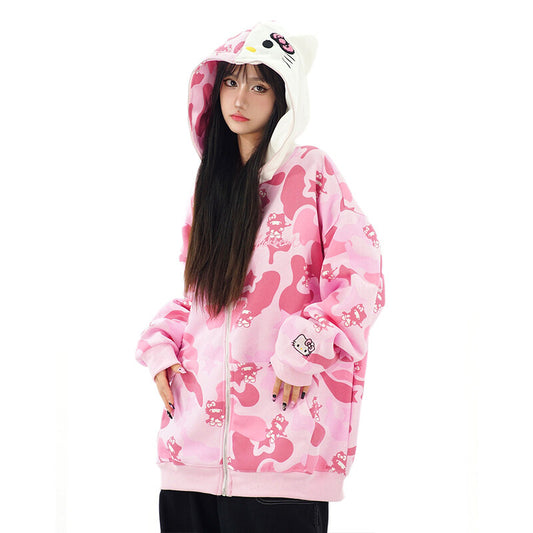 Kawaii American Style Kitty printed Hooded Coat