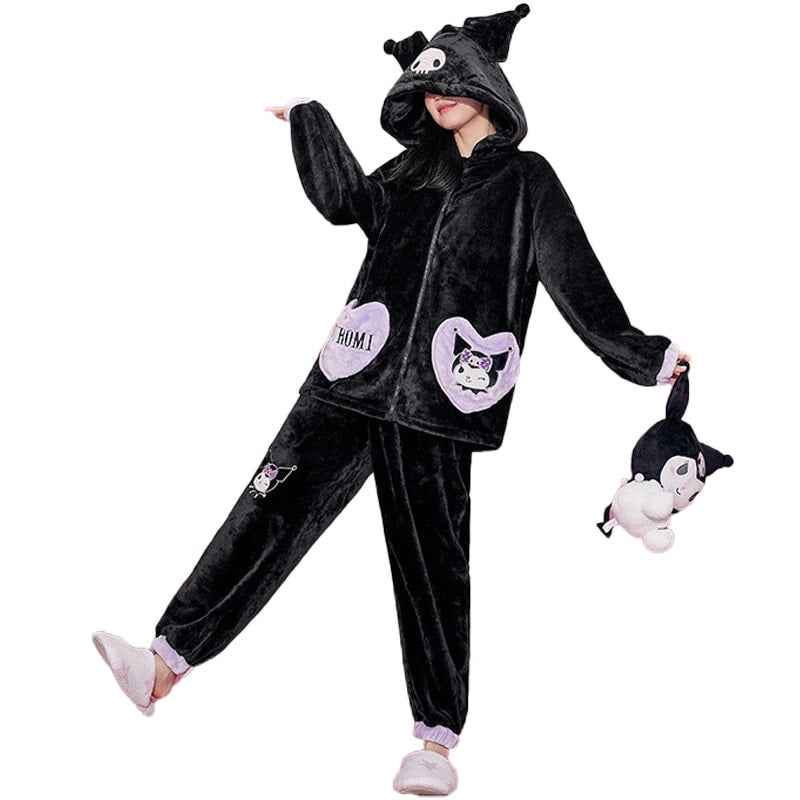 Kuromi Inspired Black Plush Hooded Pajama Set