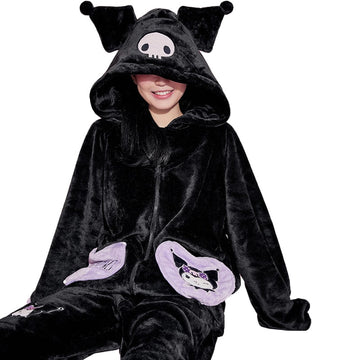 Kuromi Inspired Black Plush Hooded Pajama Set