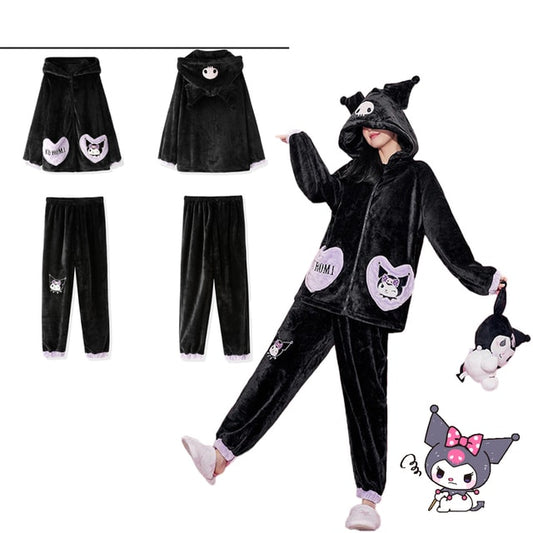 Kuromi Inspired Black Plush Hooded Pajama Set