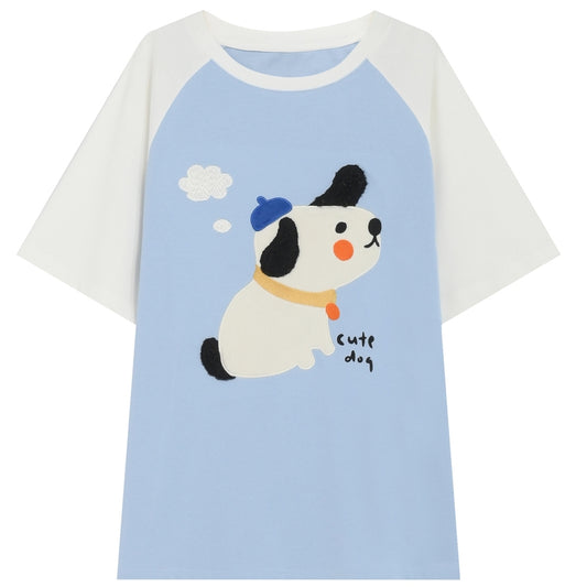 Kawaii Blue Cute Dog Print T-shirt