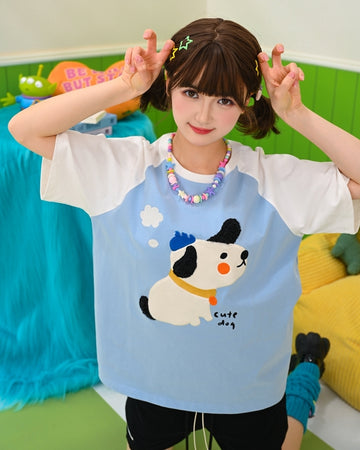 Kawaii Blue Cute Dog Print T-shirt