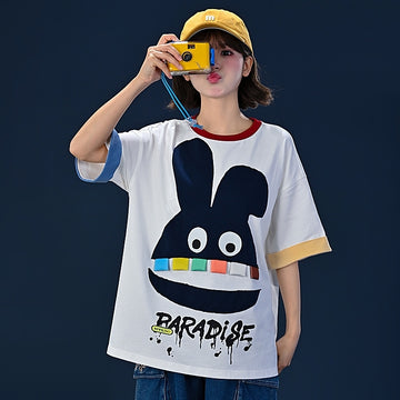 Kawaii Cartoon Big Tooth Rabbit Print Round Neck T-shirt