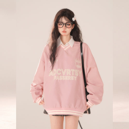 Kawaii College Style Pink V-neck Sweatshirt