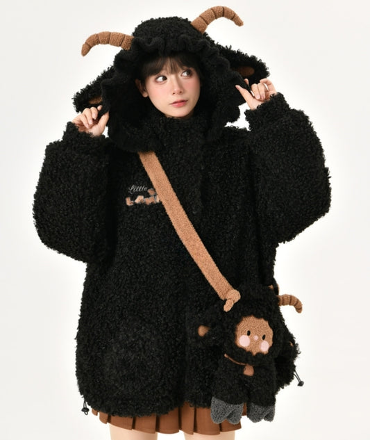 Kawaii Cute Black Three-Dimensional Lamb Hooded Thick Coat