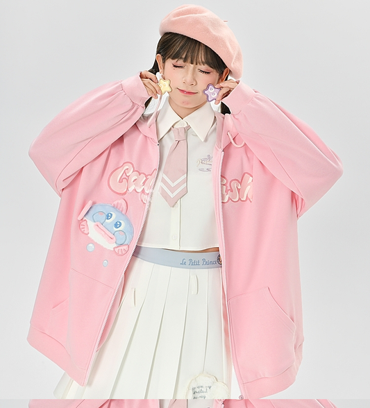 Kawaii Girly Style Pink 3D Cartoon Octopus Embroidery Coat