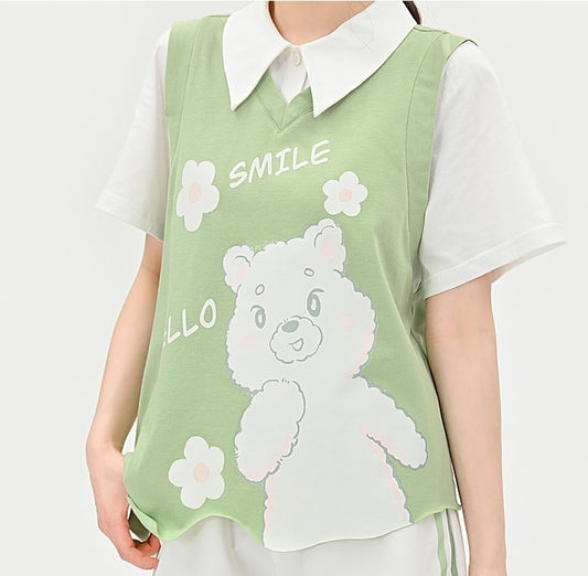 Kawaii Green Cartoon Bear Print Fake Two-Piece T-Shirt