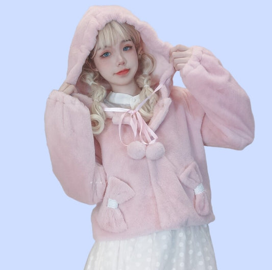 Kawaii Japanese Pink Hooded Plush Coat