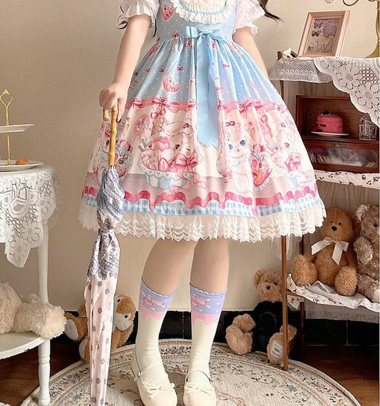 Kawaii Kitty Print knot Lolita Jsk Dress