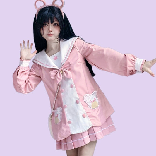 Kawaii Pink Bear Embroidered JK Uniform Suit