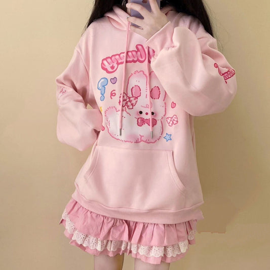 Kawaii Pink Bunny Print Hoodie