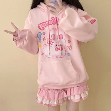 Kawaii Pink Bunny Print Hoodie