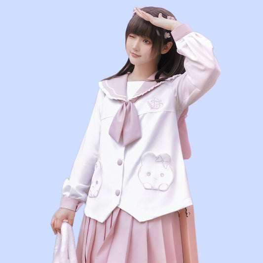 Kawaii Pink Cartoon Rabbit Embroidered JK Uniform Skirt Suit