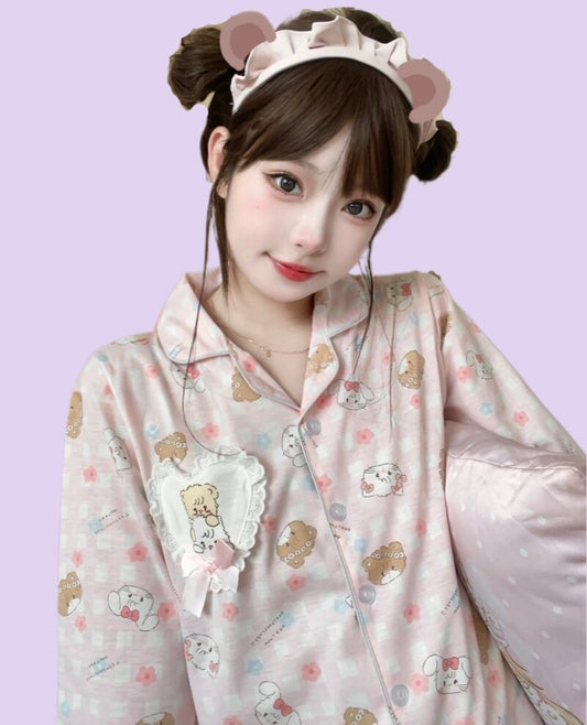 Kawaii Pink Japanese Cartoon Bear Print Pajama Set