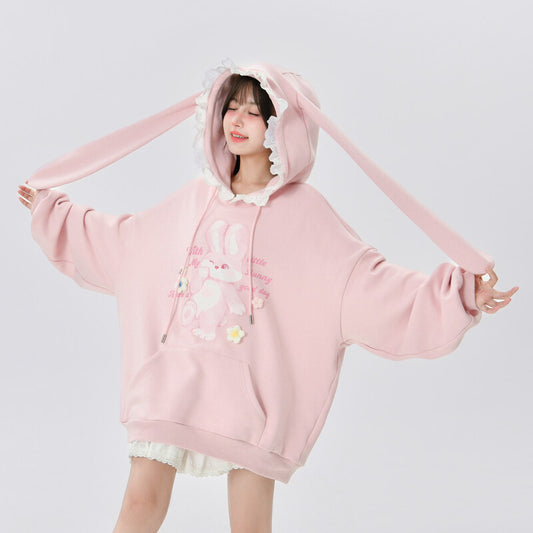 Kawaii Pink Long Bunny Ears Hoodie