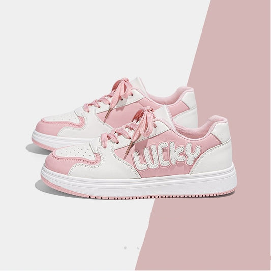 Kawaii Pink Lucky Embroidered Sneakers