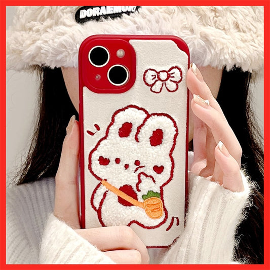 Kawaii Plush Embroidery Rabbit iPhone Case