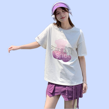 Kawaii Purple Gradient Bear Print Round Neck T-shirt