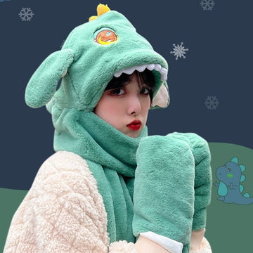 Kawaii Soft Girl Ears Move Plush Scarf Gloves Hooded