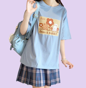 Kawaii Soft Girl Style Cartoon Bear Print T-shirt