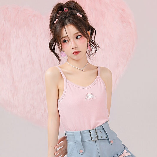 Kawaii Soft Girl Style Cartoon Deer Embroidered Tank Top