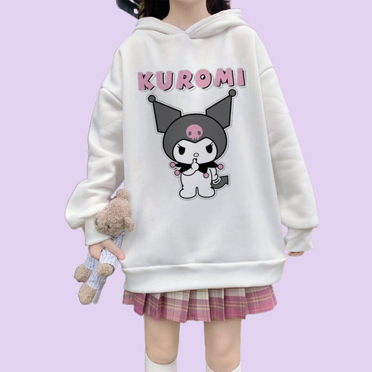 Kawaii Soft Girl Style Cartoon Kuromi Print Loose Hoodie