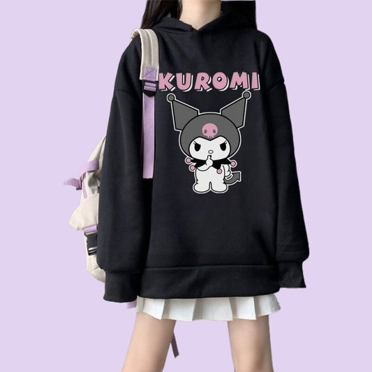 Kawaii Soft Girl Style Cartoon Kuromi Print Loose Hoodie