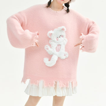 Kawaii Sweet Girly Pink Kitten Embroidered Sweater