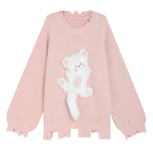 Kawaii Sweet Girly Pink Kitten Embroidered Sweater